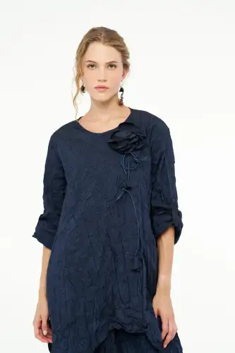 Kırışık Tafta Elbise - Lacivert - 6