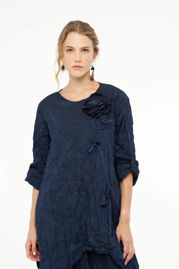 Kırışık Tafta Elbise - Lacivert - 6