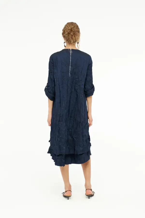 Kırışık Tafta Elbise - Lacivert - 7