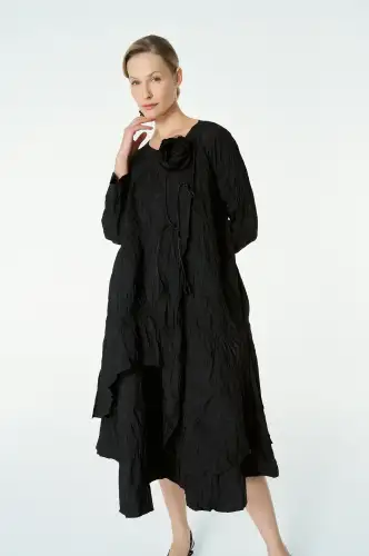 Kırışık Tafta Elbise - Siyah - 5