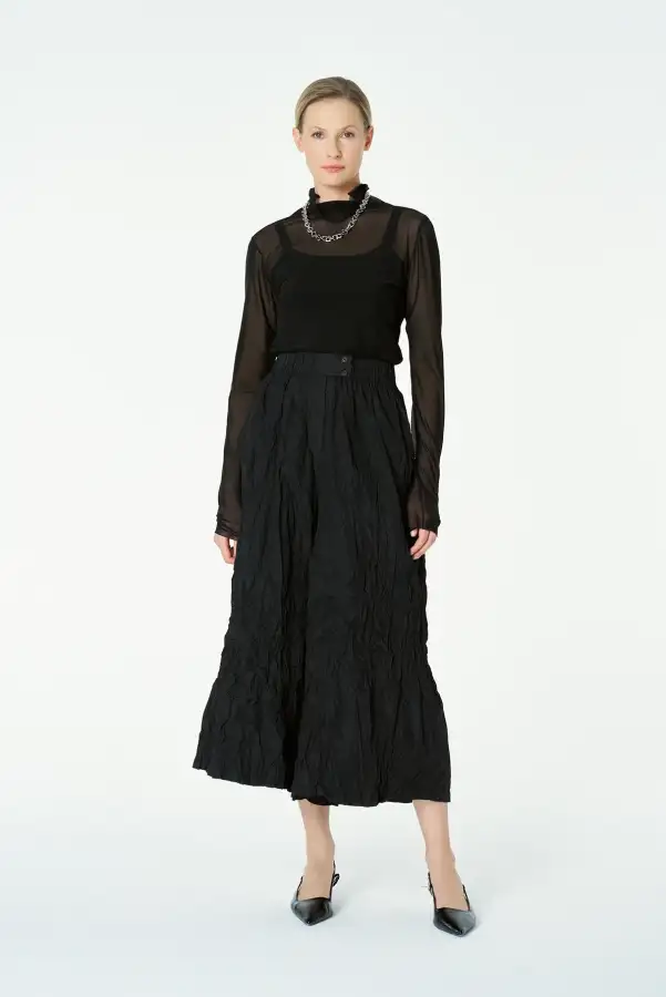 Kırışık Tafta Pantolon - Siyah - 1