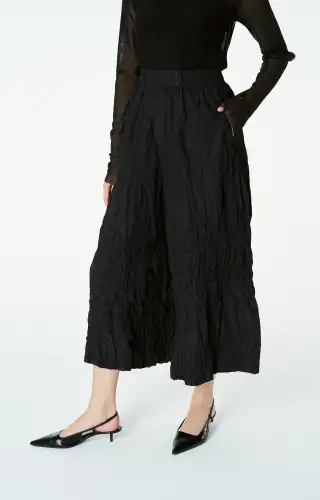 Kırışık Tafta Pantolon - Siyah - 3