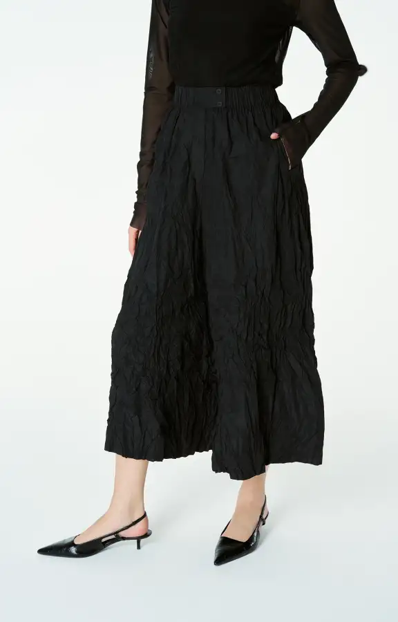 Kırışık Tafta Pantolon - Siyah - 3