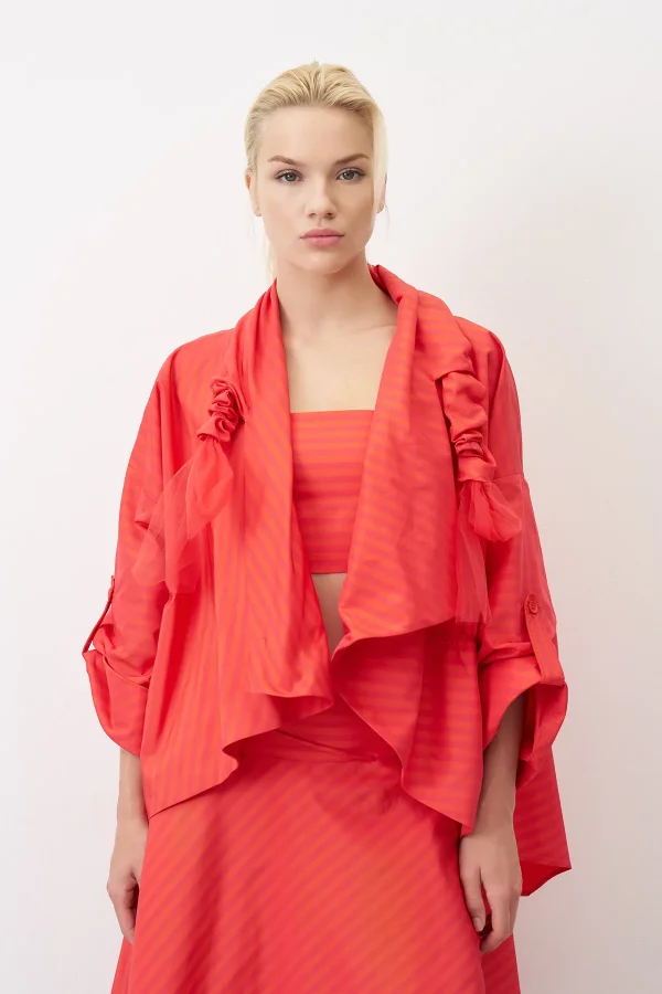 Kırmızı Asimetrik Kesim Yakası Büzgülü Çizgili Roumeli Ceket - 2