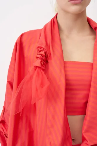 Kırmızı Asimetrik Kesim Yakası Büzgülü Çizgili Roumeli Ceket - 3