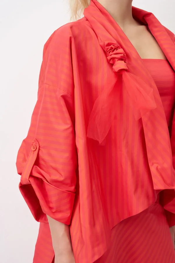 Kırmızı Asimetrik Kesim Yakası Büzgülü Çizgili Roumeli Ceket - 4