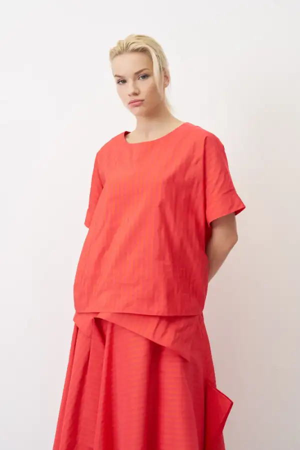 Kırmızı Kısa Kollu Çizgili Yuvarlak Yaka Roumeli Bluz - 1