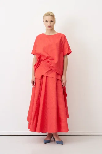 Kırmızı Kısa Kollu Çizgili Yuvarlak Yaka Roumeli Bluz - BIZE (1)