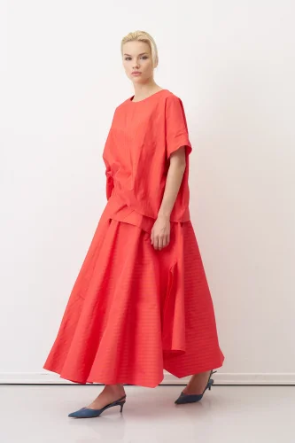 Kırmızı Kısa Kollu Çizgili Yuvarlak Yaka Roumeli Bluz - 3