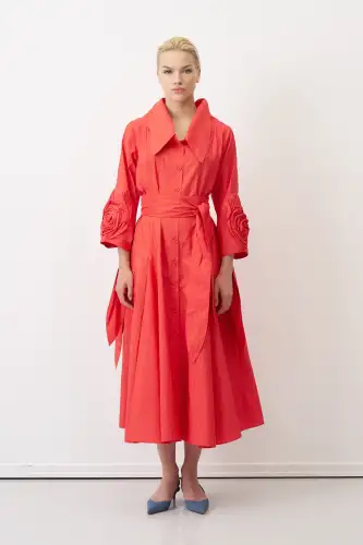 Kırmızı Kolu Güllü Uzun Çizgili Roumeli Elbise - BIZE (1)