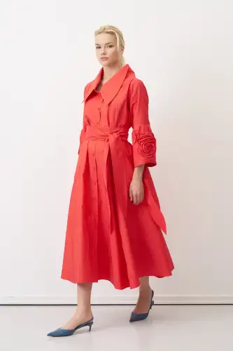 Kırmızı Kolu Güllü Uzun Çizgili Roumeli Elbise - 3