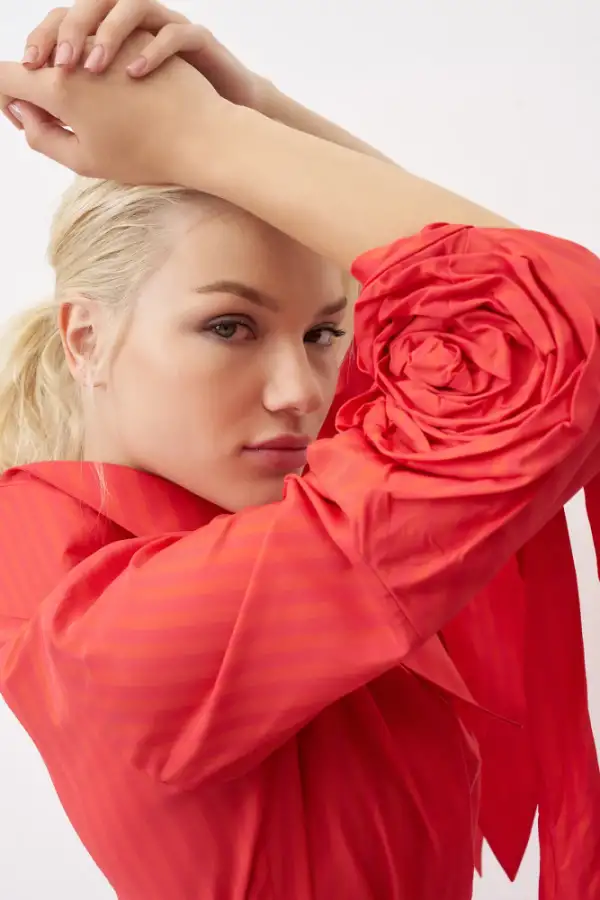 Kırmızı Kolu Güllü Uzun Çizgili Roumeli Elbise - 5