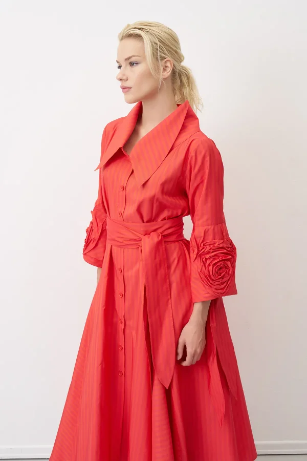 Kırmızı Kolu Güllü Uzun Çizgili Roumeli Elbise - 1