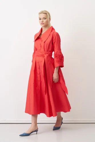 Kırmızı Kolu Güllü Uzun Çizgili Roumeli Elbise - 3