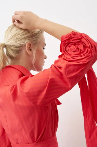 Kırmızı Kolu Güllü Uzun Çizgili Roumeli Elbise - 7