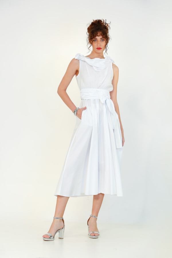 Kolsuz Tel Yaka Elbise - Beyaz - 1