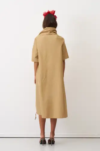 Kraft Büyük Yakalı Etek Ucu Büzgülü Koufi Elbise - 7