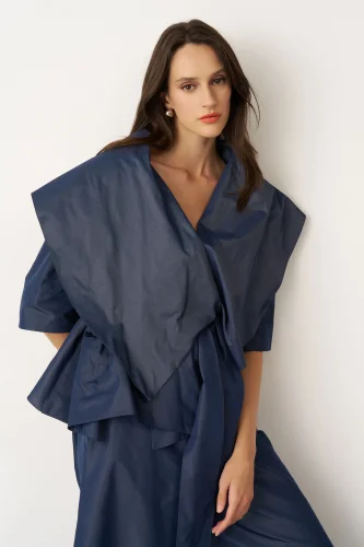 Lacivert Büyük Şal Yaka Kruvaze Arkoi Ceket - 1