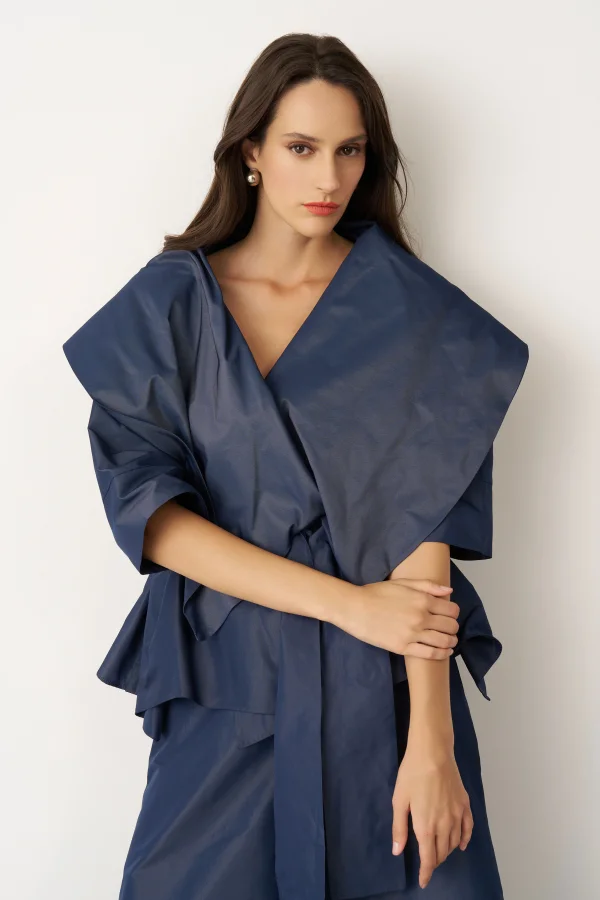 Lacivert Büyük Şal Yaka Kruvaze Arkoi Ceket - 4