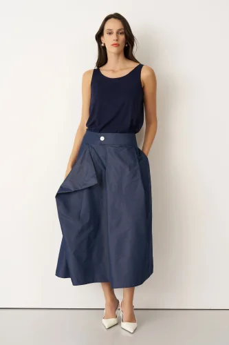 Lacivert Yanı Asimetrik Kesimli Sedef Düğmeli Arkoi Etek - 1