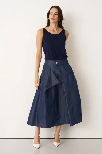 Lacivert Yanı Asimetrik Kesimli Sedef Düğmeli Arkoi Etek - BIZE (1)