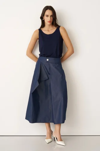 Lacivert Yanı Asimetrik Kesimli Sedef Düğmeli Arkoi Etek - 3