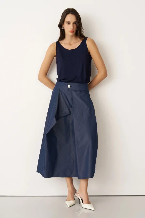 Lacivert Yanı Asimetrik Kesimli Sedef Düğmeli Arkoi Etek - 3