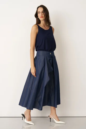 Lacivert Yanı Asimetrik Kesimli Sedef Düğmeli Arkoi Etek - 4