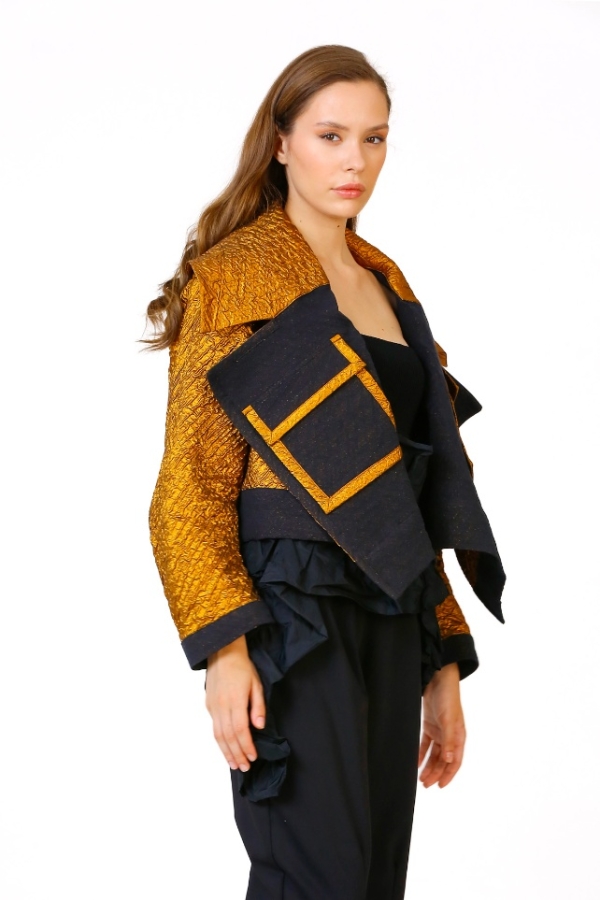 Large Collar Jacket with Pockets - Gold - 2