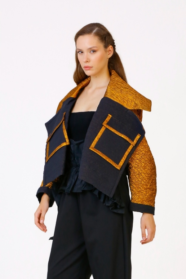 Large Collar Jacket with Pockets - Gold - 4