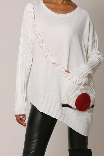 Large Pocket Ruffled Sweater - Ecru - 4