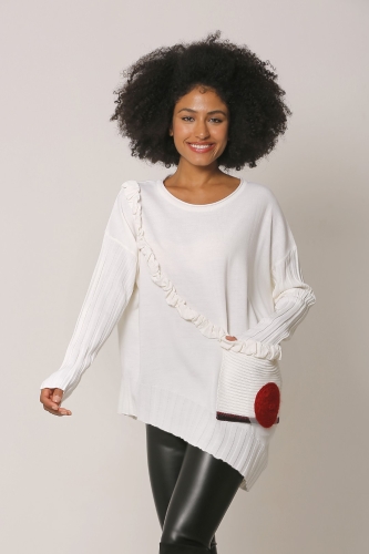 Large Pocket Ruffled Sweater - Ecru - 1