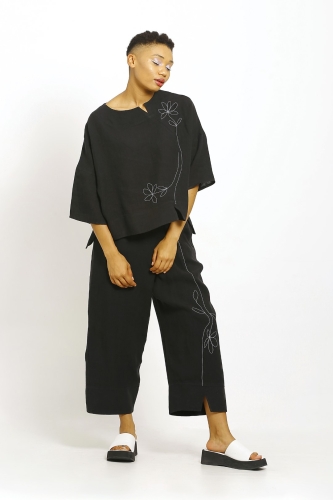 Linen Embroidered Blouse - Black - 2