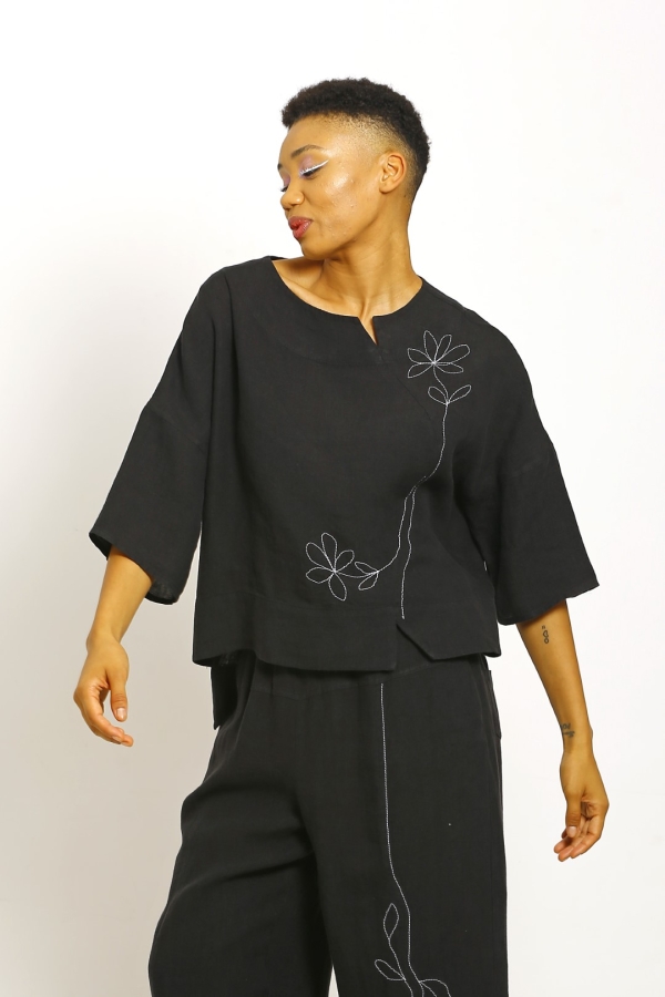 Linen Embroidered Blouse - Black - 1