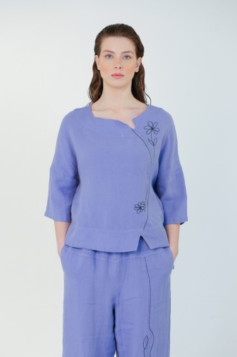 Linen Embroidered Blouse - Purple 