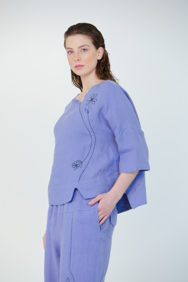 Linen Embroidered Blouse - Purple - 3