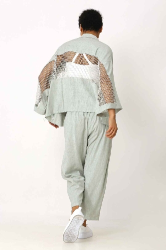 Linen Jacket with Wide Mesh Band - Aqua Green - 6