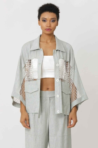 Linen Jacket with Wide Mesh Band - Aqua Green - 2