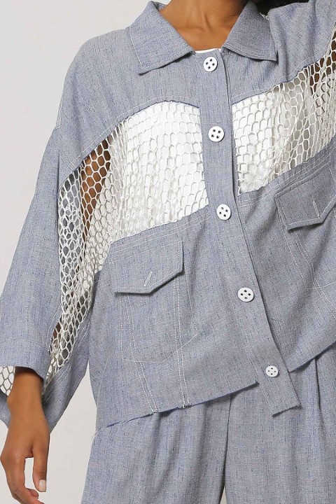 Linen Jacket with Wide Mesh Band - Light Blue - 4