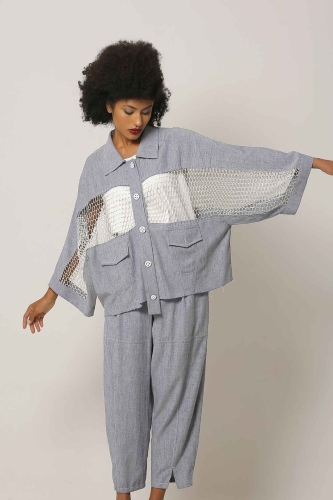 Linen Jacket with Wide Mesh Band - Light Blue 