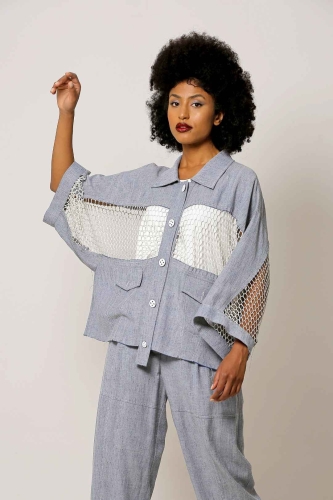 Linen Jacket with Wide Mesh Band - Light Blue - 2