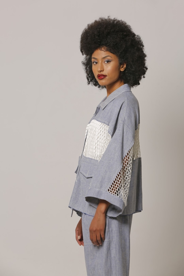 Linen Jacket with Wide Mesh Band - Light Blue - 3