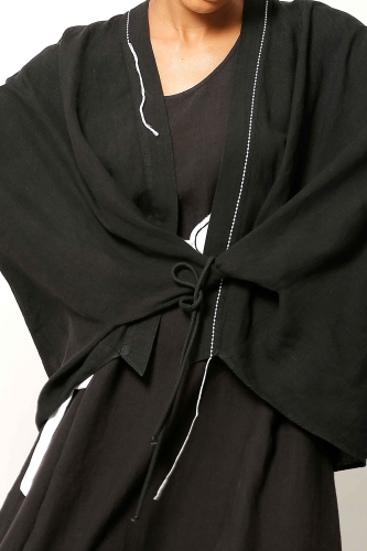 Linen Ornamental Stitch Jacket - Black - 5