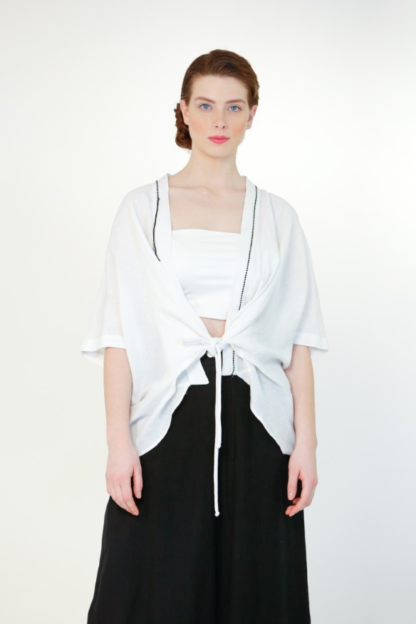 Linen Ornamental Stitch Jacket - White - 1