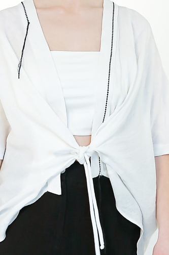 Linen Ornamental Stitch Jacket - White - 3