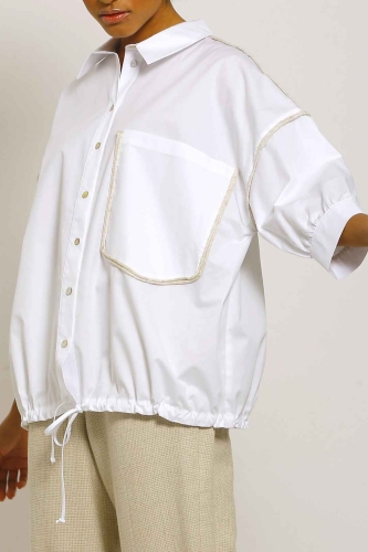 Linen Piped Drawstring Hem Shirt - White - 5
