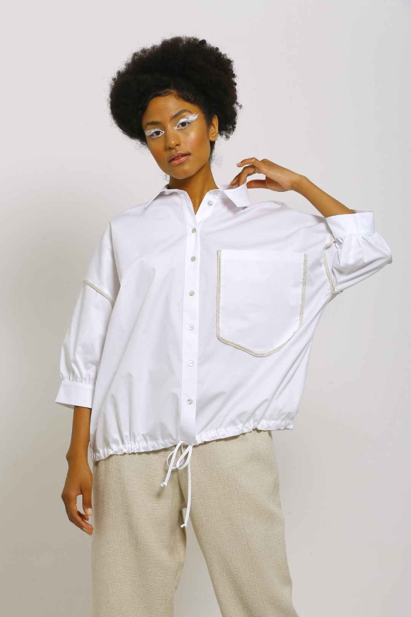 Linen Piped Drawstring Hem Shirt - White - 1