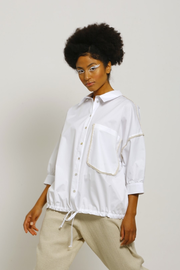 Linen Piped Drawstring Hem Shirt - White - 2
