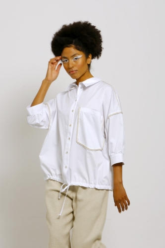 Linen Piped Drawstring Hem Shirt - White - 3