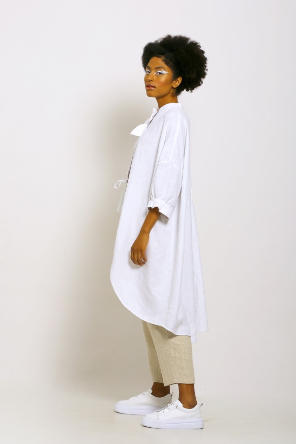 Linen Poncho Shirt - White - 3